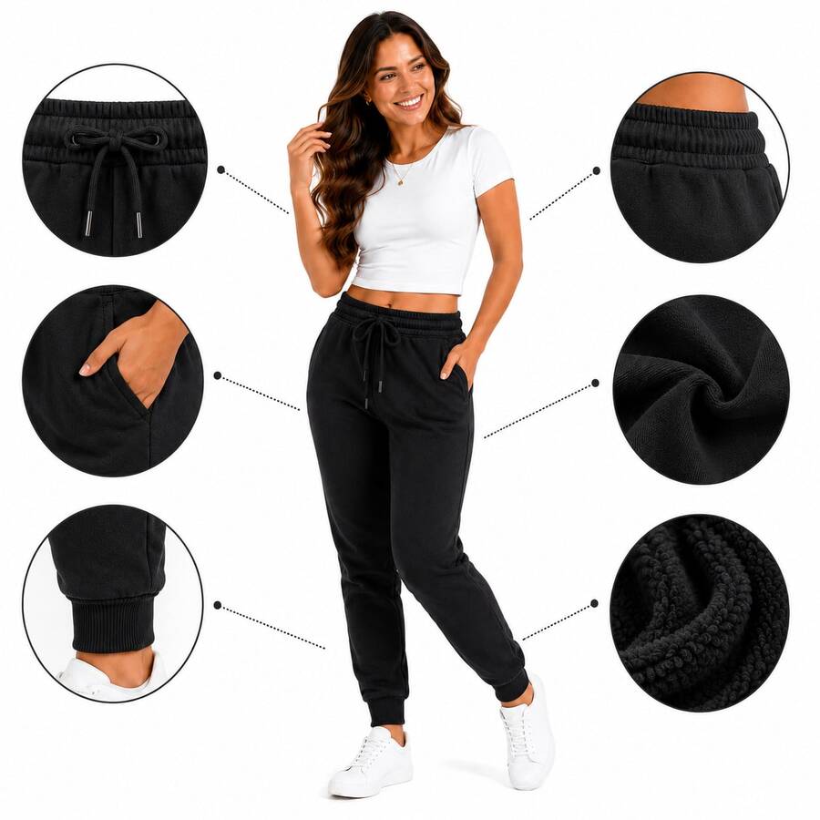 Thick Cotton Jogger Sweatpants With Pockets, Comfortable Style, Elastic Waistband. - Hitam - View 1