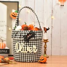 Keranjang Penyimpanan Halloween Berumbai yang Dipersonalisasi, Tas Permen Halloween Kotak-kotak dengan Nama yang Dapat Disesuaikan, Ember Permen Halloween Anak-anak, Tempat Penyimpanan Hadiah Halloween - MultiWarna - View 8