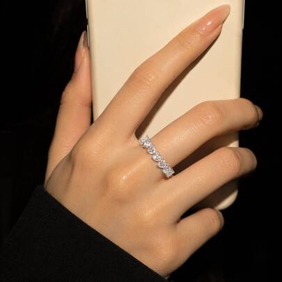 1pc Fashion Unisex Ring, Pure Copper Heart-Shaped Cut Zirconia Full Circle Ring, Elegant Daily Jewelry