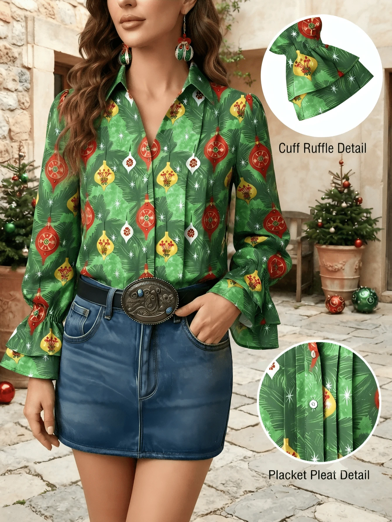 Women's Festive Christmas Ornament Print Blouse – Long Sleeve Pine Branch Graphic Top With Ruffled Cuffs – Chic Holiday Party Shirt For Women - 綠色 - 查看 1