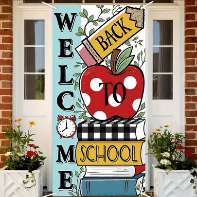 1pc Back To School Decor: "Welcome Back" Door Sticker And Vertical Rustic Style Printed Banner, Suitable For First Day Of School, Applicable For Kindergarten, Elementary School, Middle School And Classroom Decoration