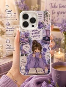 1PC Lavender Purple Watercolor Cozy Girl Reading White Cat Phone Case Compatible With Iphone 17 16 15 14 13 12 11 Pro Max, Positive Self Care Inspirational Quotes Floral Record Player Book Candle Shockproof Soft Phone Shell - Beige - View 7