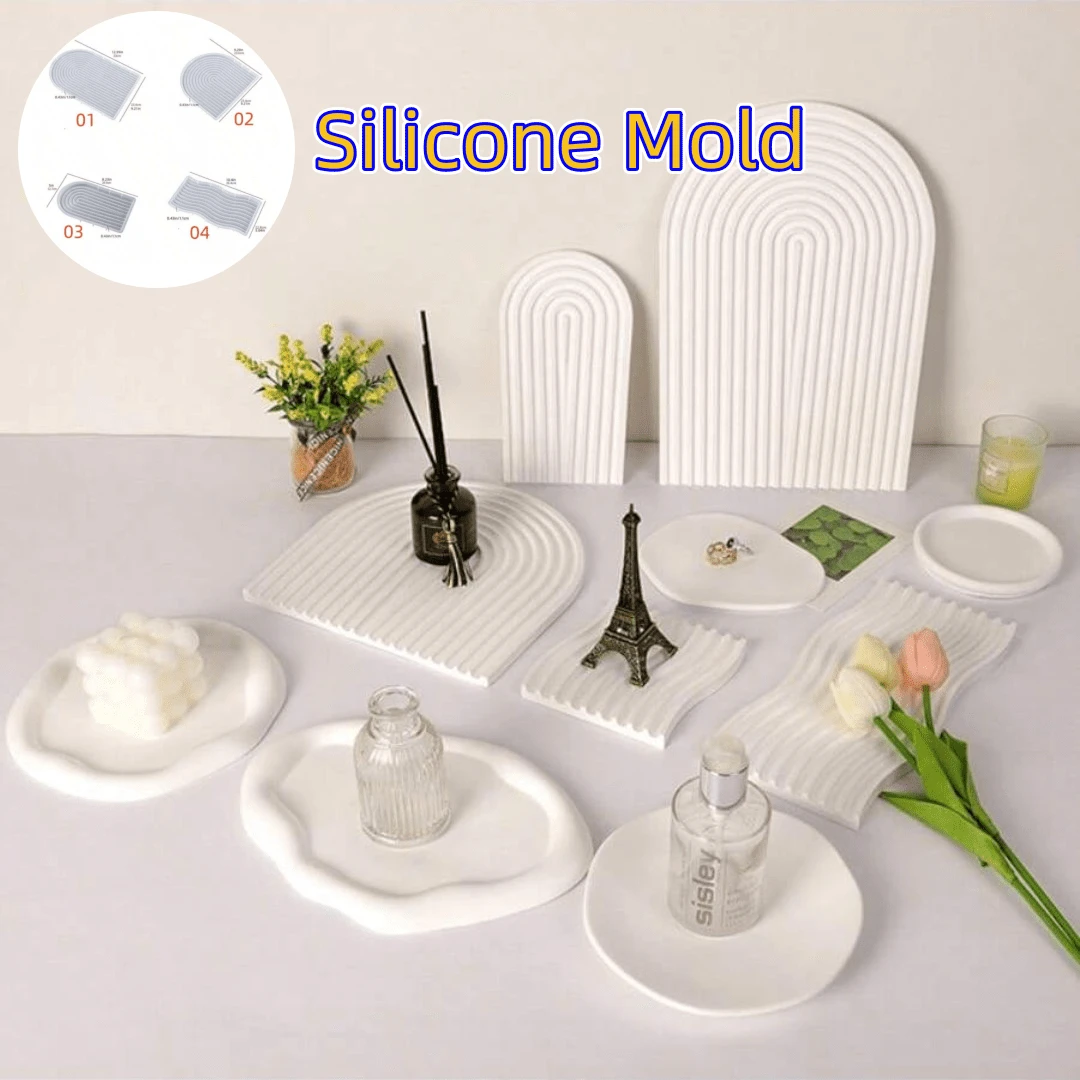 SILIKE LUFEI 1件/4件裝 矽膠模具 DIY 波浪條紋幾何收納扁平托盤裝飾擺件杯墊 石膏黏土矽膠模具