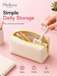 Minimalist Solid Cream Canvas Zipper Pencil Case, Sturdy Gold Metal Zipper, Durable Densely Woven Fabric, Stationery Storage Bag, Suitable For Home, Office, Travel, Writing Tools Organization - Multiple Styles - View 4