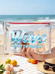 2pcs Laser Fish Scale Pattern Makeup Bag Set, Women's Transparent PVC Waterproof Dry & Wet Separation Travel Toiletry Bag, 3D Wave Print Portable Toiletry Bag, Suitable For Summer Beach, Pool, Camping And Daily Cosmetics Storage - Multicolor - View 2