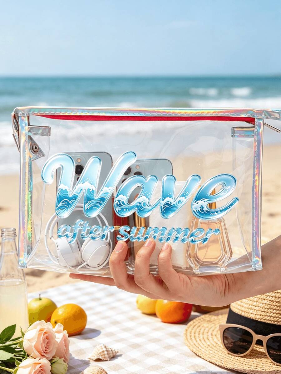 2pcs Laser Fish Scale Pattern Makeup Bag Set, Women's Transparent PVC Waterproof Dry & Wet Separation Travel Toiletry Bag, 3D Wave Print Portable Toiletry Bag, Suitable For Summer Beach, Pool, Camping And Daily Cosmetics Storage