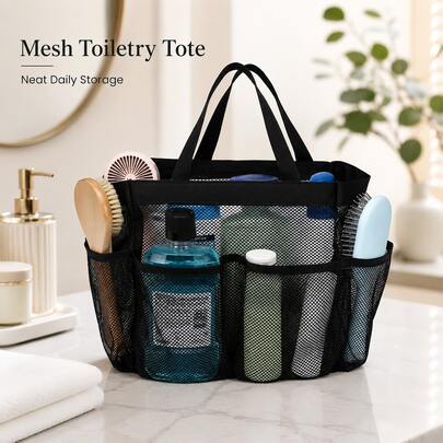 Shower Caddy Portable - Black Mesh Shower Caddy Camping Essentials Travel Lightweight Stylish For Home For Outdoor Daily Use Summer Holiday, 8 Pockets Large Capacity Shower Tote Bag Toiletry Organizer, Quick Dry Hanging Toiletry Bag
