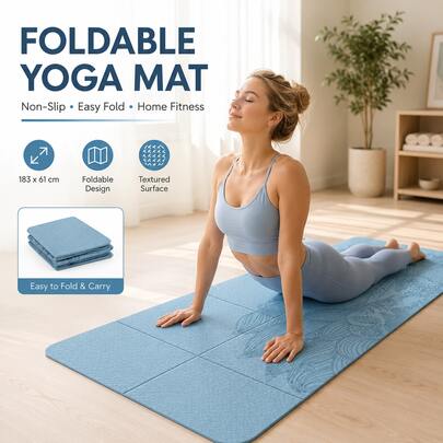 Bärbar vikbar yogamatta, halkfri träningsmatta för fitness, förtjockad stötdämpande och ljudisolerande träningsmatta, lätt att rengöra, vattentät, svettavvisande och fläckavvisande, pilatesmatta för hemmet, stretchmatta, yogamatta för resor och förvaring, lätt, vikbar och bärbar, lämplig för yoga, gym, gymnastik, hopprep och hemmaträning, unisex