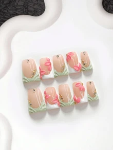 10件裝清新田園風手工穿戴甲，Polygel美甲套組，花卉圖案，粉綠配色，溫柔女孩風，含美甲工具，3種尺寸可選，杏仁/鴨嘴/棺材形，適合派對、跳舞、日常佩戴 - 彩色 - 查看 12