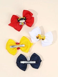8pcs/2pcs Back To School PVC Ribbon Bow Hair Clips, Apple Book Pencil Black & White Decorative Hair Clips, Colorful Stationery Print Personalized Hair Clips, Suitable For Girls Back To School Gift - Multicolor - View 3