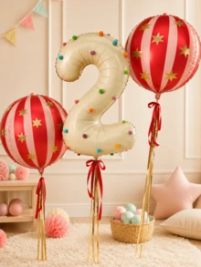 Cream White Number Decorative Balloon Set, 4D Red Striped Foil Balloons With Gold Star Foil Balloons, Felt Balls (Random Color), Includes Ribbon - Milky White - View 2