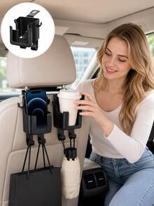 1/2/4pcs Multifunctional Car Seat Back Storage Hook, Built-In Cup Holder, Phone Slot And Dual Hooks, Easy Installation, Suitable For Storing Water Bottles, Coffee Cups, Bags, Wallets And Various Small Items, Car Accessories - Black - View 5