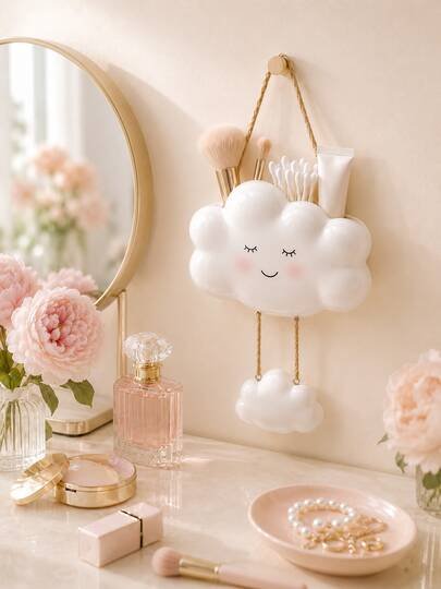 1pc Cute Cloud Wall Hanging Makeup Organizer, Multifunction Cosmetic Storage Rack, Cotton Swab Holder, Makeup Brush Holder, Space Saving Bathroom Vanity Organizer, Girls Room Bedroom Decor, Toiletry Storage Container, Gift For Women And Teens
