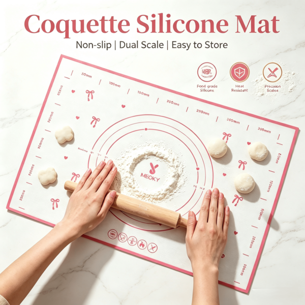 Meoky 1pc Silicone Kneading Mat, Silicone Baking Mat, Non-Stick Surface; Decorated With Cute Pink Bow Pattern, Heart Pattern And Non-Slip Scale; Suitable For Bread Making, Pizza Dough, Rolling Dough, Cookie Making And Fondant Making; Non-Stick, Heat Resistant, Easy To Clean, Reusable Baking Mat, Protects Countertop; Ideal Choice For Home Baking Enthusiasts, Kitchen Beginners, Holiday Gifts, Christmas Gifts And Mother's Day Gifts.