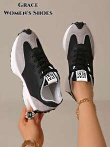 Women's Lightweight Running Athletic Shoes, Lace-Up Closure, Multi-Function Flat Sole, Breathable Stitching Design, Multiple Colors Available, All-Season Outdoor Shoes - Black - View 2