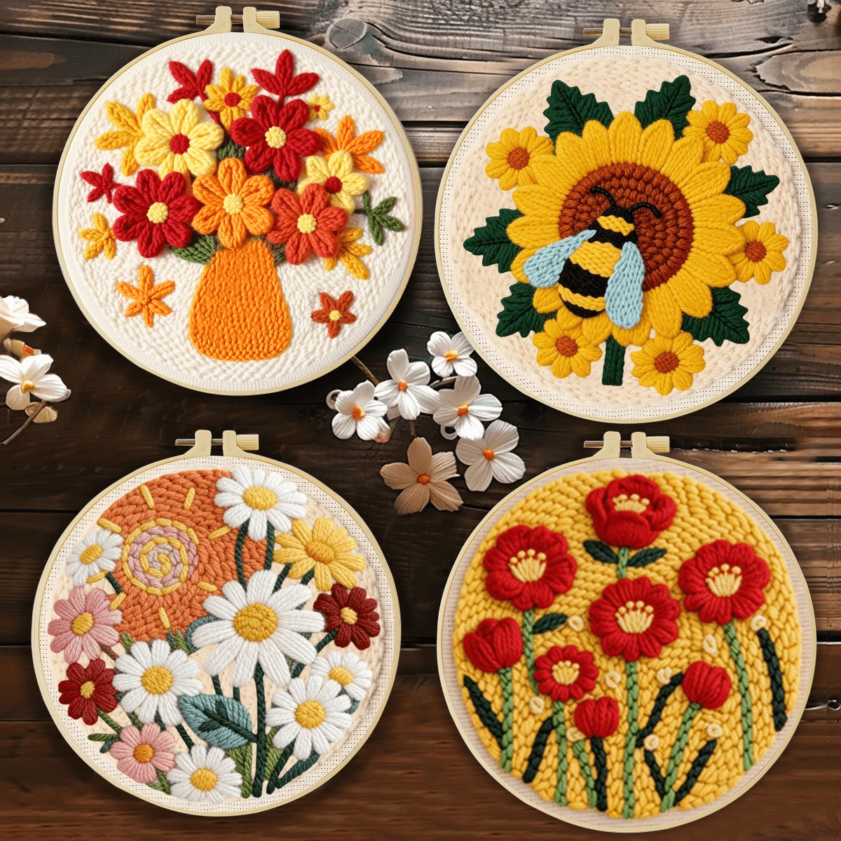 DIY 初學者戳戳繡套裝，包含戳戳針、線材、說明書、刺繡圈及預印花卉圖案布料，適合居家裝飾與禮品，2D 平面印刷，20X20cm (7.87X7.87 英吋)