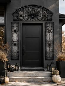 3Pcs Spider Web & Black Spider Halloween Door Frame Banner Set, Gothic Polyester Printed Arch Top Banner And 2 Side Panels With Grey Cobweb Patterns For Front Door, Porch, Entryway, Haunted House, Indoor Outdoor Party Decorations - E - View 5