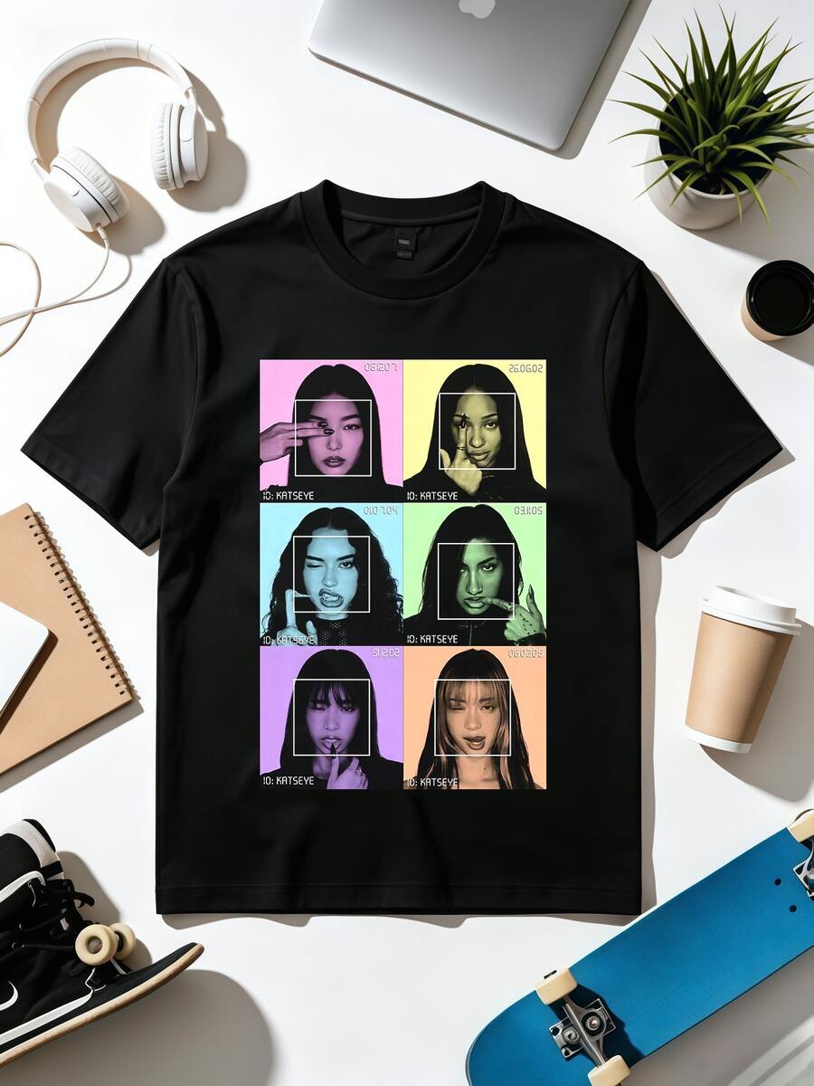 Colorful Mugshot Collage Y2K Aesthetic Streetwear T-Shirt. - 黑色 - 查看 1