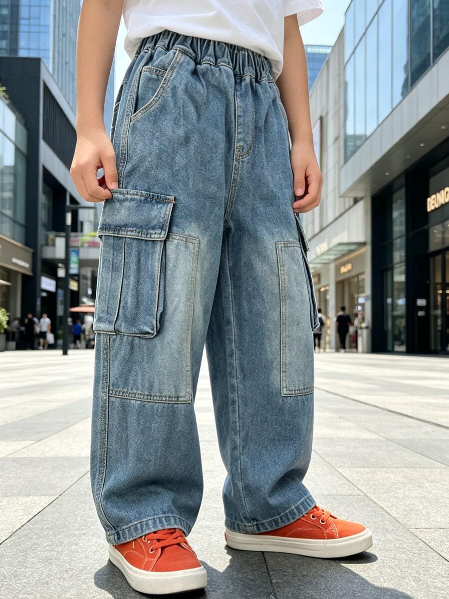 Tween Boys' Autumn Loose Fit Straight Leg Cargo Denim Jeans With Large Pockets, Suitable For Back To School, Daily Wear, Home And Outdoor Casual - Baby Blue - View 1