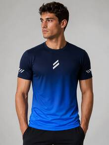 Men's Deep Blue To Bright Blue Gradient Quick-Dry Sports T-Shirt, White Striped Print Crew Neck Short Sleeve Breathable Running Athletic Top - Multicolor - View 2