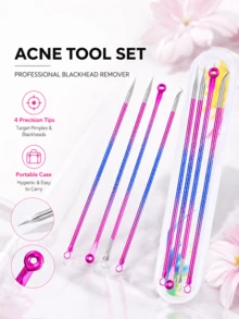 Gradient Color Professional Stainless Steel Dual-Head Blackhead Extractor Tool - Professional Dual-Head Extractor, Ergonomic Handle, Suitable For Squeezing Whiteheads, Blackheads, Acne And Facial Cleansing. No Battery Required, Portable Design, Durable Material, Easy To Clean, Essential For Beauty Enthusiasts, Designed For Skincare - Multicolor - View 9