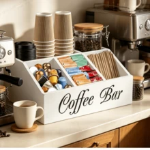 Wooden Coffee Station Storage Tray - Rectangular Multi-Purpose Non-Waterproof Storage Basket With Spice Rack, Bean Storage Rack And Coffee Bar Decor Accessories Organizer - Multicolor - View 6