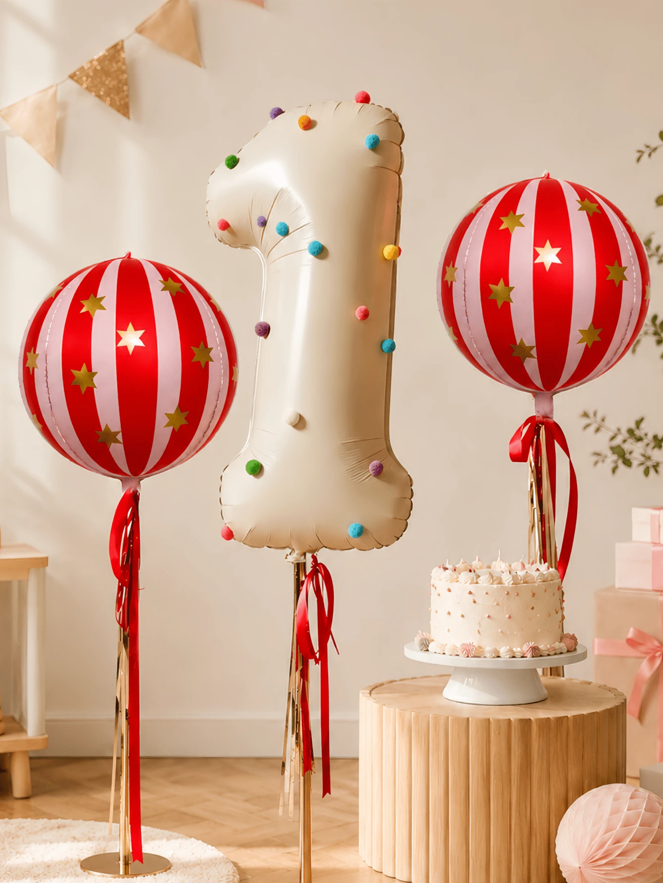 Cream White Number Decorative Balloon Set, 4D Red Striped Foil Balloons With Gold Star Foil Balloons, Felt Balls (Random Color), Includes Ribbon - Milky White - View 1