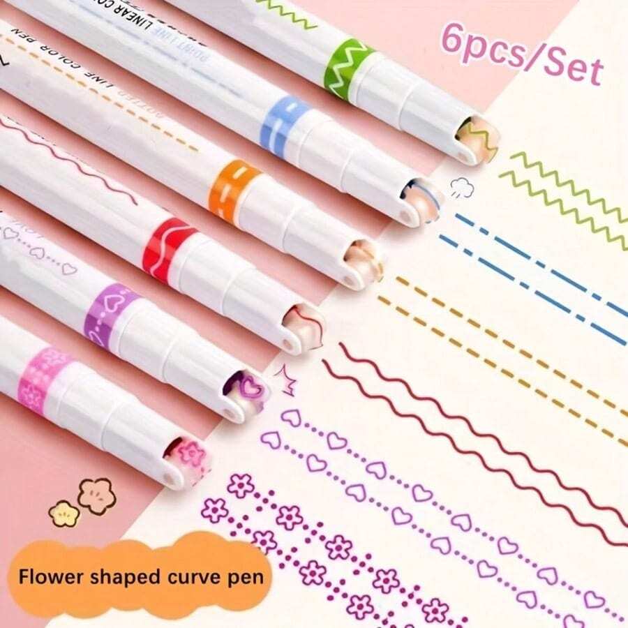 Curved Lace Pen, Wavy Heart & Flower Pattern Outline Pen For Journaling, Hand-Drawn Poster Marking, Printing, Fluorescent Highlighter - Multiple Styles - View 1