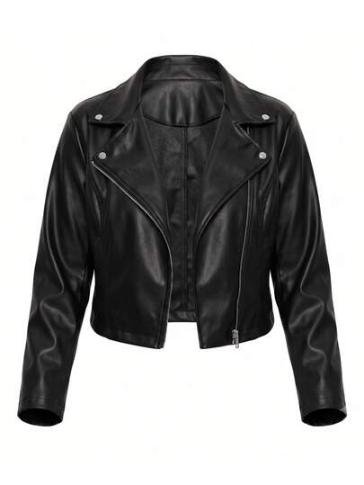 Jaqueta Preto Plus Size Courino Sintética PU Feminino Com Zíper Moda Casaco Inverno