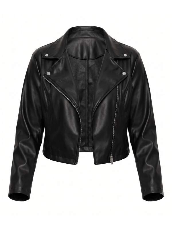 Jaqueta Preto Plus Size Courino Sintética PU Feminino Com Zíper Moda Casaco Inverno