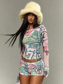 Vintage Graffiti Letter Print Long Sleeve Top, Sexy Slim Fit Cropped Base Layer, Flattering Casual Vacation Style - White - View 5