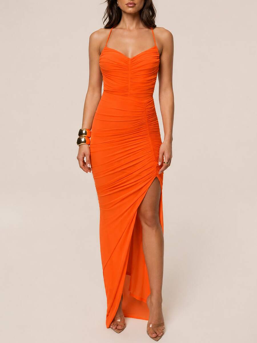 Women's Sexy Mesh Spaghetti Strap V-Neck Ruched Fitted High Slit Elegant Evening Party Nightclub Maxi Dress - Orange - View 1