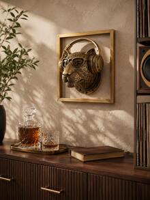 1pc Vintage Gold Leopard Head Wall Decor, Resin Animal Sculpture With Headphones And Glasses, Retro Music Wall Art For Living Room, Bedroom, Office, Bar, Studio, Gaming Room, Entryway, Unique Home Decoration, Music Lover Gift, Housewarming Gift - Multicolor - View 6