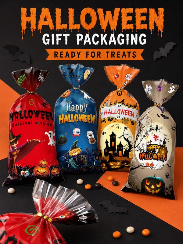 50pcs Halloween Ghost Night Gift Bags, 4 Assorted Styles, Spooky Pumpkin & Ghost Print OPP Gift Bags, Halloween Party Candy Packaging Bags, Halloween Trick Or Treat Celebration Supplies