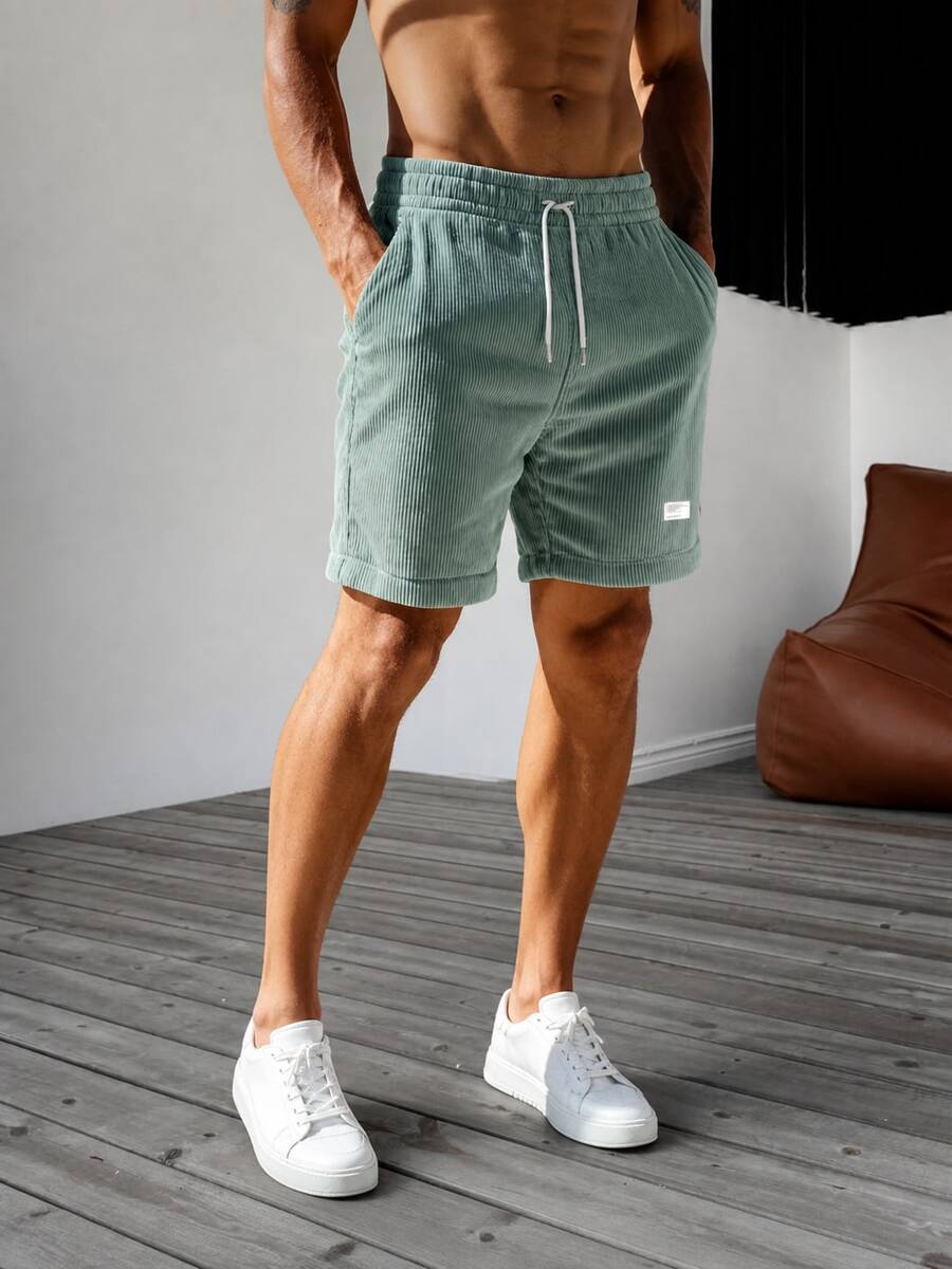 Celana Pendek Corduroy Bertekstur Minimalis Longgar di Atas Lutut, Celana Pendek Kasual Serbaguna untuk Pria - Mint Green - View 1