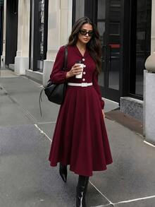 Elegant Women's Colorblock Cinched Waist Lapel Long Sleeve Mid-Length Dress, Front Button Long Sleeve Design, With Belt Red - Red - View 1