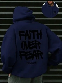 Faith Over Fear, Letter Print Pocket Hoodie, Men's Casual Long-Sleeve Drawstring Style, Autumn & Winter New-Unisex Loose-Fit Hooded Sweatshirt-K88 - 藏蓝色 - 查看 10
