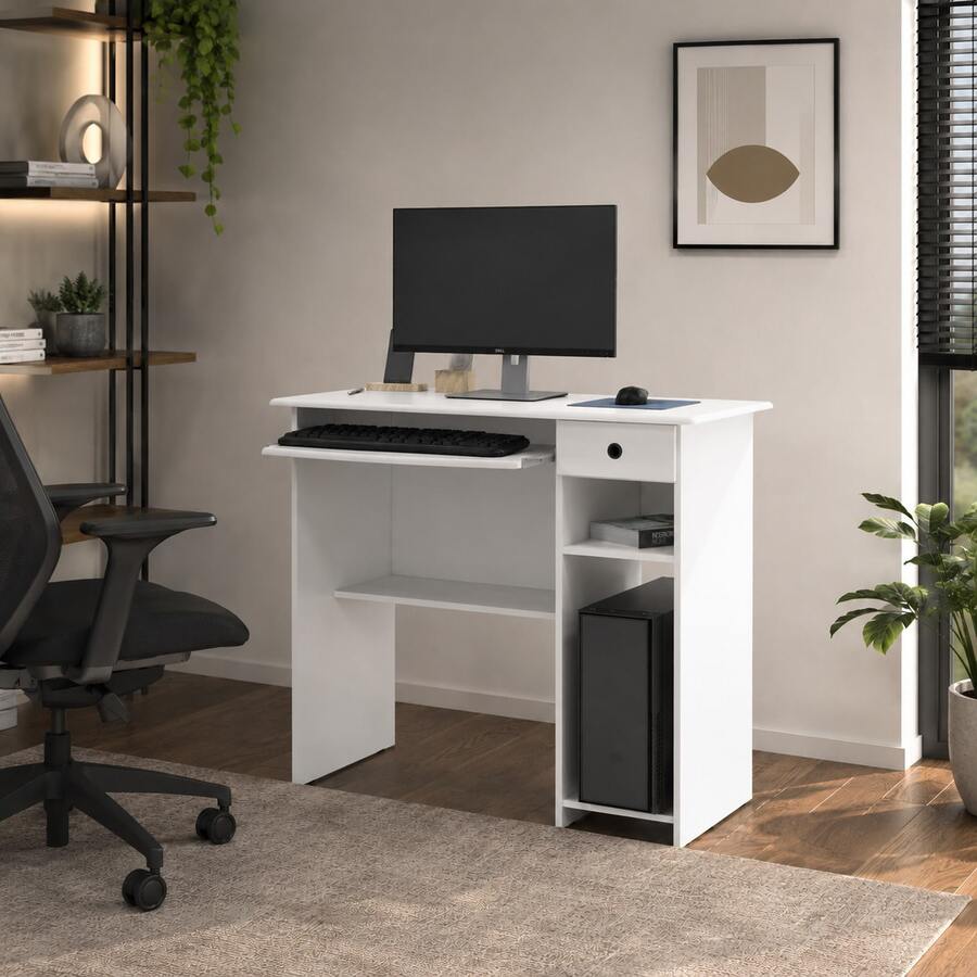 Mesa Computador Gamer Escrivaninha Estudos Com Gaveta Santos Cores branco