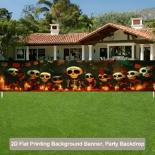 Plano 2D - 1 Pieza de Bandera 2D con Tema de Esqueleto de Halloween, con Calaveras Pintadas y Elementos de Velas Encendidas, Acompañada de Decoración de Banderas de Cuerda Coloridas, Sin Fuente de Alimentación Requerida - A - Ver 3