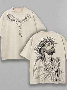 Men's Washed Cotton T-Shirt, Only God Can Judge Me Jesus T-Shirt Washed Christian Pattern T-Shirt Cotton Streetwear Summer Clothing Faith Theme Shirt - 杏色 - 查看 11