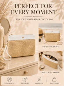 Tom Ford TF White Straw Clutch, 21*14cm, Woven With Wrist Strap, Spacious Capacity, Perfect For Organizing Makeup And Small Essentials During Vacations - Multicolor - View 9