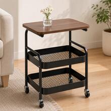 2-Tier Rolling Side Table Cart With Walnut Top, Mobile Storage Organizer With Mesh Baskets & Wheels, Compact Bedside Table For Bedroom, Living Room & Home Office - Black Storage Rack With Trolley - View 2