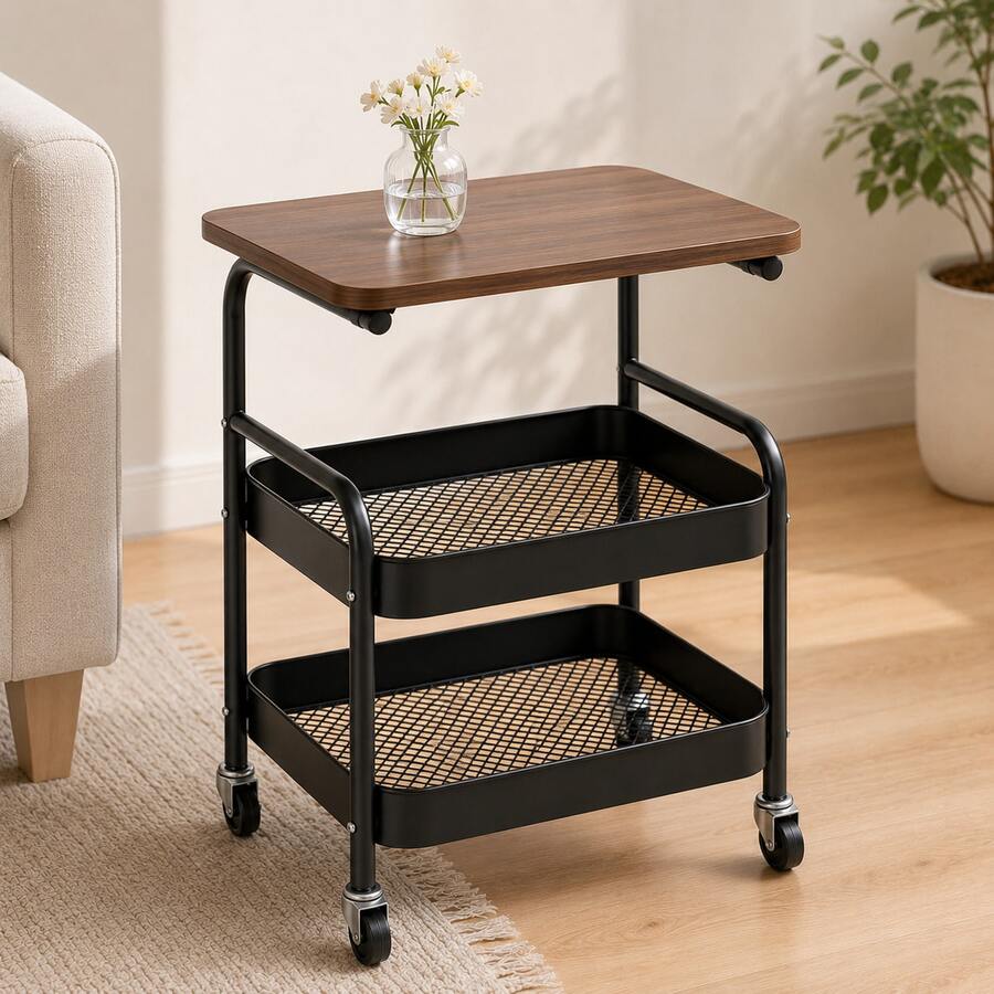 2-Tier Rolling Side Table Cart With Walnut Top, Mobile Storage Organizer With Mesh Baskets & Wheels, Compact Bedside Table For Bedroom, Living Room & Home Office