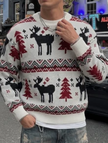 ANDREILEE Unisex Asymmetrical Striped Christmas Tree & Reindeer Pattern Long Sleeve Sweater, Casual Loose Crew Neck Knit Pullover For Winter - White - View 1