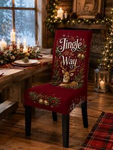 1pc Christmas Dining Chair Cover Jingle All The Way Deer Printed Stretch Chair Slipcover, Removable Washable Chair Protector For Dining Room Holiday Party Home Decor - Multicolor - View 6