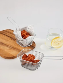 SHEIN 1PC Stainless Steel French Fry Basket, Snack Tray With Handle For Kitchen - Silver - View 1