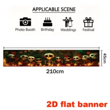 Plano 2D - 1 Pieza de Bandera 2D con Tema de Esqueleto de Halloween, con Calaveras Pintadas y Elementos de Velas Encendidas, Acompañada de Decoración de Banderas de Cuerda Coloridas, Sin Fuente de Alimentación Requerida - A - Ver 4