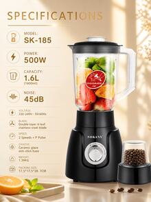 SOKANY Alat Pembuat Jus Multifungsi, Blender, Penggiling, Penggiling Daging, Dengan Gelas Penggiling, Multifungsi, Pisau Stainless Steel, Pembuatan Jus Cepat, Penggilingan Daging, Pembuatan Jus, Penggilingan Kopi, Kapasitas Besar 1,6L, 2 Kecepatan yang Dapat Diatur, Mudah Dibersihkan dan Disimpan, Cocok untuk Penggunaan di Rumah. - Hitam - View 3