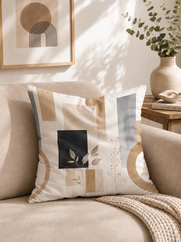 1pc Bohemian Light Brown & Black Geometric Leaf Print Pillow Case [Pillow Insert Not Included], 40*40cm/45*45cm/50*50cm, [Single-Sided Printing] Made Of Polyester Material, Milk Tea Color Minimalist Abstract Plant Cushion Cover, Room Decor, Home Decor, Bedroom Decor, Room Decoration Stuff, Suitable For Sofa, Living Room, Bedroom, Car, Office, Hotel, Homestay Decoration, Perfect Gift For Family And Friends