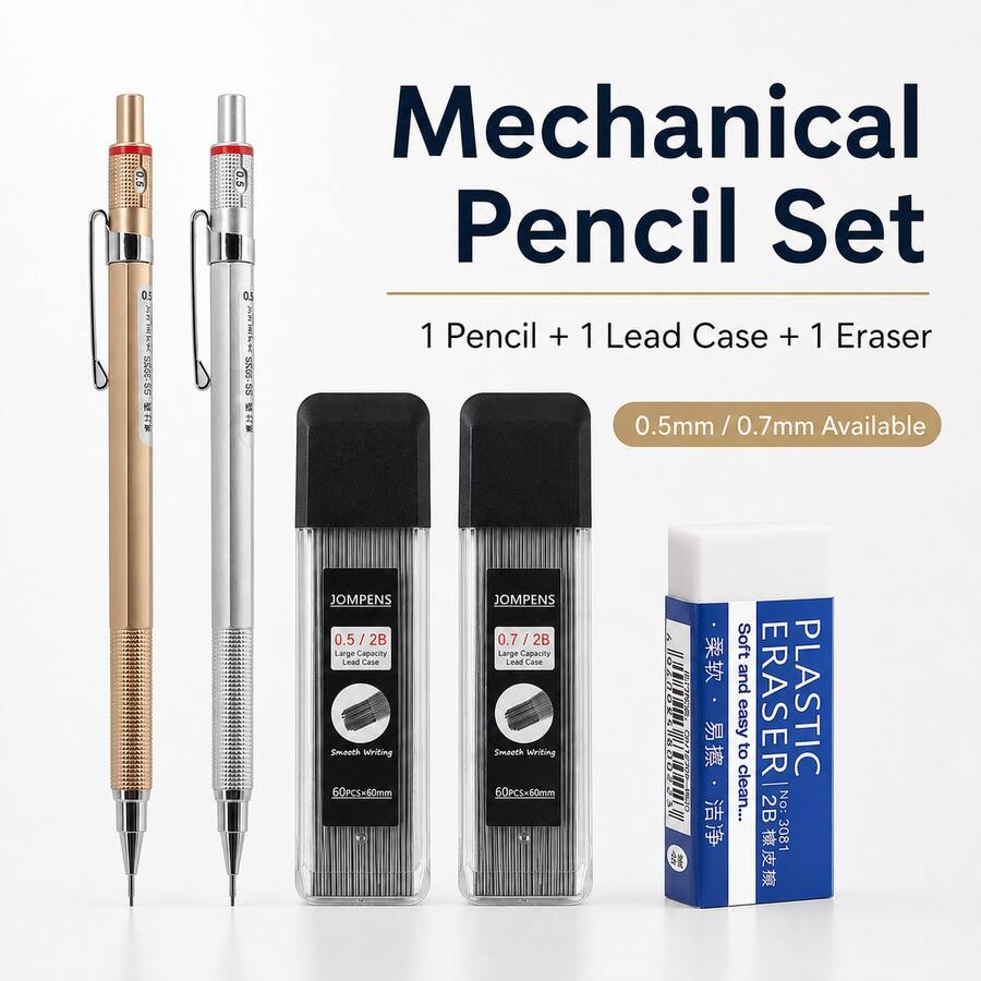 金屬自動鉛筆套組,0.5mm 與 0.7mm 六角形製圖鉛筆,可替芯精準書寫鉛筆,適用於學生、學校、辦公室、繪圖與日常使用 - 多款 - 查看 1